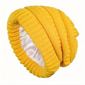 Womens Chunky Knit Golden Golden Yellow  Beanie Cap Hat, White Satin Lined